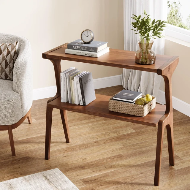 Alt view image 4 of 7 - Solid Wood End Table, 2-Tier Farmhouse Side Table with Storage Shelves, Slim Side Table for Couch with Unique Legs, Long Bedside Table for Bedroom, Living Room, Rustic Brown