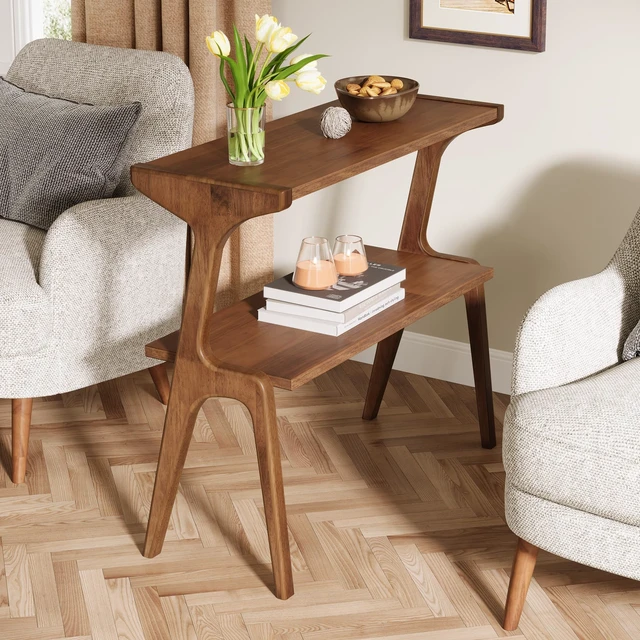 Alt view image 5 of 7 - Solid Wood End Table, 2-Tier Farmhouse Side Table with Storage Shelves, Slim Side Table for Couch with Unique Legs, Long Bedside Table for Bedroom, Living Room, Rustic Brown