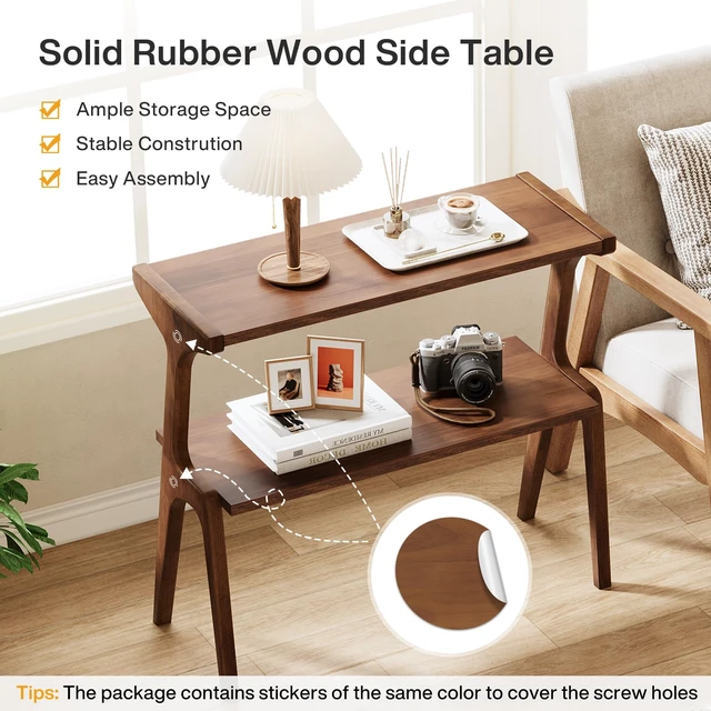 Alt view image 6 of 7 - Solid Wood End Table, 2-Tier Farmhouse Side Table with Storage Shelves, Slim Side Table for Couch with Unique Legs, Long Bedside Table for Bedroom, Living Room, Rustic Brown
