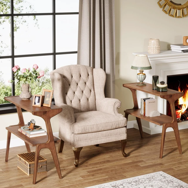 Alt view image 7 of 7 - Solid Wood End Table, 2-Tier Farmhouse Side Table with Storage Shelves, Slim Side Table for Couch with Unique Legs, Long Bedside Table for Bedroom, Living Room, Rustic Brown