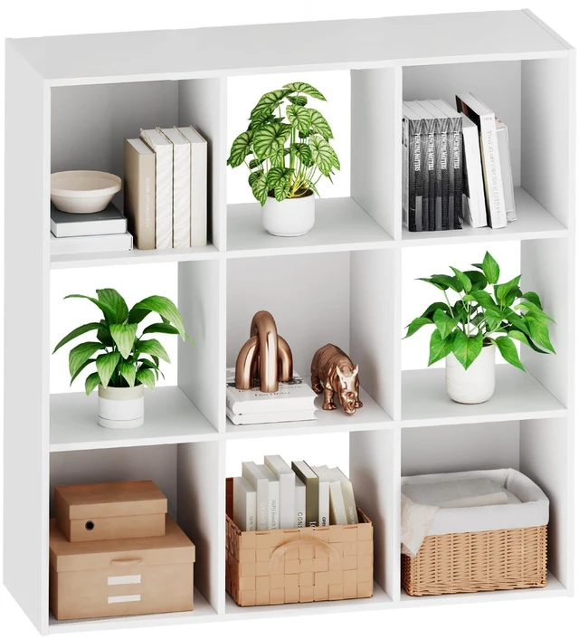 Main image of 9 Cube Storage Organizer, Stackable Modular Bookcase Shelf | Vertical or Horizontal Use, Fits 11×11" Bins, Removable Back Panels, for Living Room, Office, Entrance White Wood