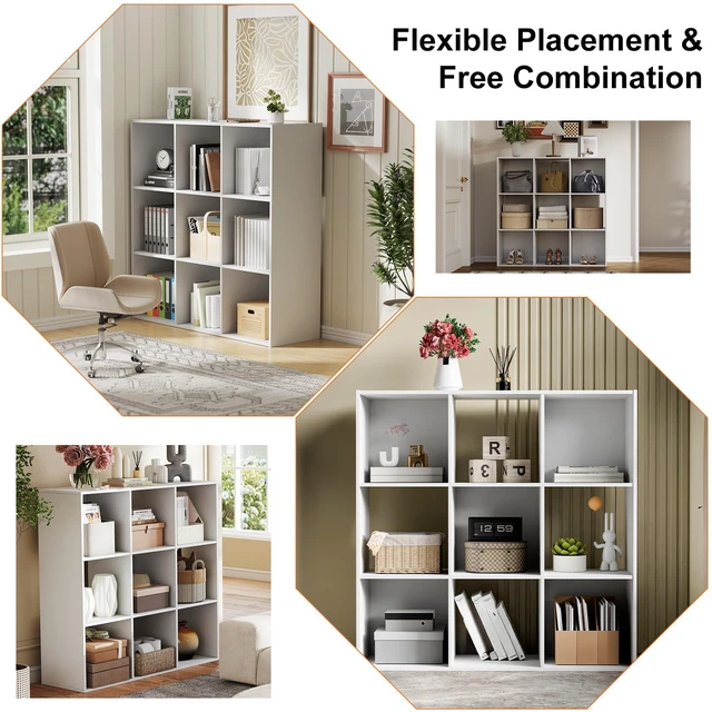 Alt view image 2 of 7 - 9 Cube Storage Organizer, Stackable Modular Bookcase Shelf | Vertical or Horizontal Use, Fits 11×11" Bins, Removable Back Panels, for Living Room, Office, Entrance White Wood