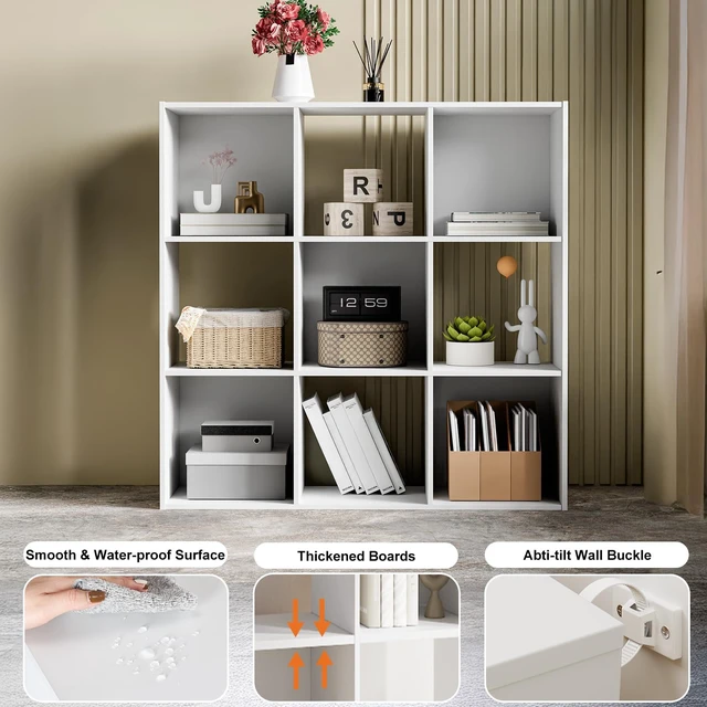 Alt view image 3 of 7 - 9 Cube Storage Organizer, Stackable Modular Bookcase Shelf | Vertical or Horizontal Use, Fits 11×11" Bins, Removable Back Panels, for Living Room, Office, Entrance White Wood