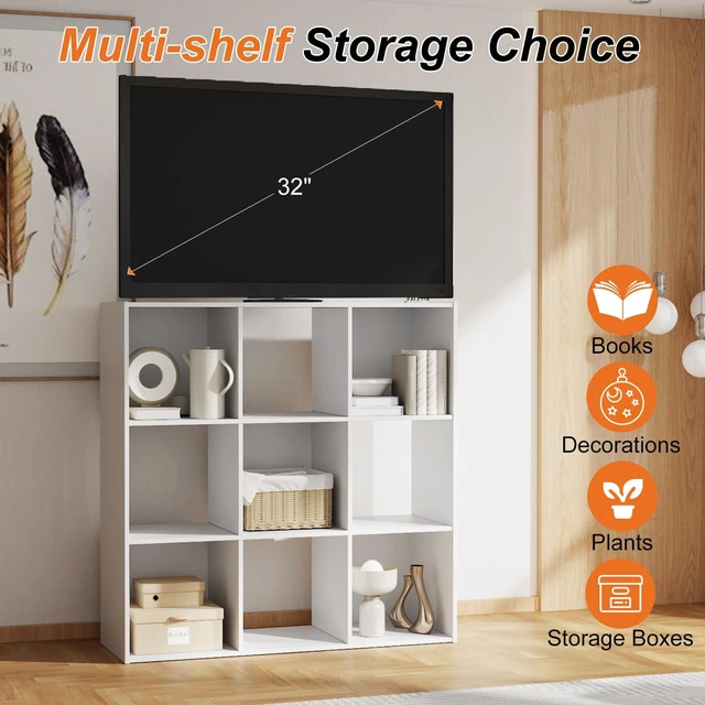 Alt view image 4 of 7 - 9 Cube Storage Organizer, Stackable Modular Bookcase Shelf | Vertical or Horizontal Use, Fits 11×11" Bins, Removable Back Panels, for Living Room, Office, Entrance White Wood