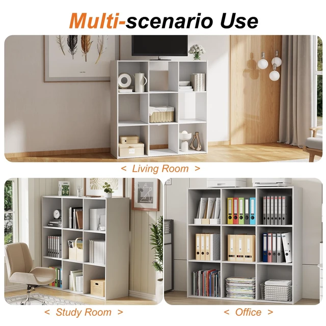 Alt view image 5 of 7 - 9 Cube Storage Organizer, Stackable Modular Bookcase Shelf | Vertical or Horizontal Use, Fits 11×11" Bins, Removable Back Panels, for Living Room, Office, Entrance White Wood