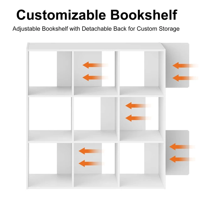 Alt view image 6 of 7 - 9 Cube Storage Organizer, Stackable Modular Bookcase Shelf | Vertical or Horizontal Use, Fits 11×11" Bins, Removable Back Panels, for Living Room, Office, Entrance White Wood