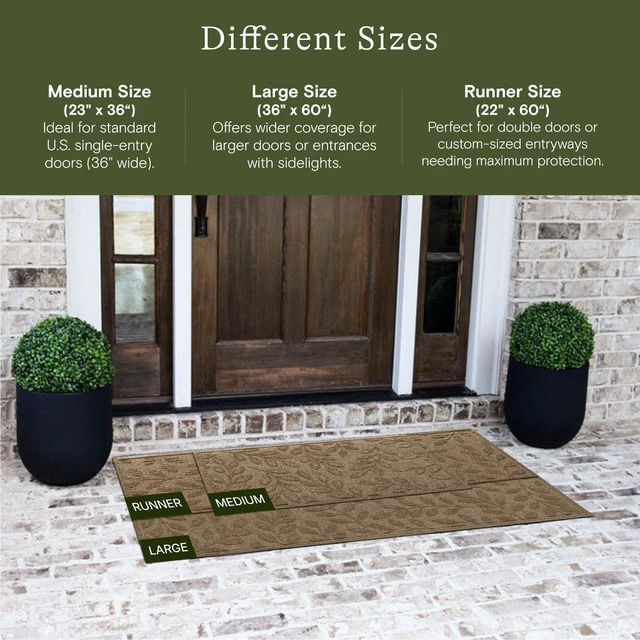 Alt view image 2 of 7 - Brittney Leaf Front Door Mat Indoor Outdoor Entrance, All-Weather | Heavy Duty Outdoor Doormats, Non-Slip Rubber Backing, Dirt & Moisture Trapper, Low Profile, Made in USA, 22"x60", Camel