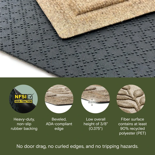 Alt view image 3 of 7 - Brittney Leaf Front Door Mat Indoor Outdoor Entrance, All-Weather | Heavy Duty Outdoor Doormats, Non-Slip Rubber Backing, Dirt & Moisture Trapper, Low Profile, Made in USA, 22"x60", Camel
