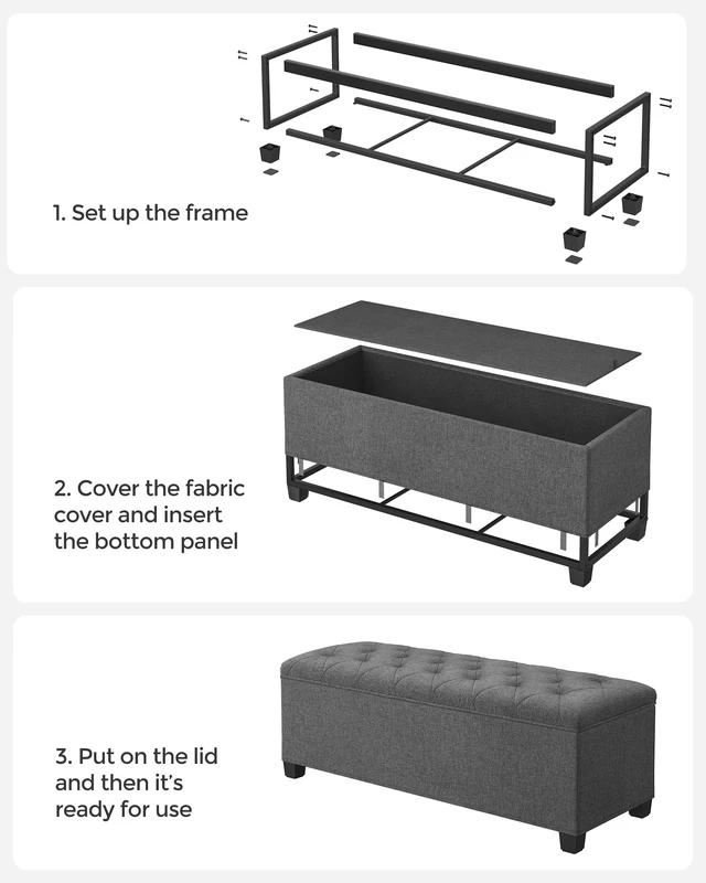 Alt view image 6 of 7 - Storage Ottoman Bench, Foot Rest with Legs, Load up to 661.4 lb | End of Bed Bench, Storage Chest, 43.3 x 15.8 x 15.8 Inches, Slate Gray and Ink Black, MELISA Collection ULSF088G01