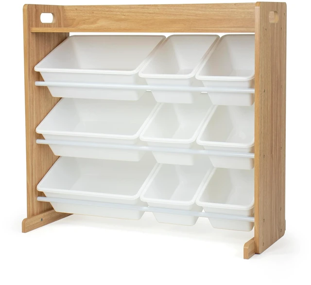 Main image of Kids Toy Organizer with Display Shelf, 9 Bins, 3 Tier Storage | Sturdy wood and steel toddler shelf, removable BPA-free containers, wall anchor anti-tip safety kit for bedroom or classroom