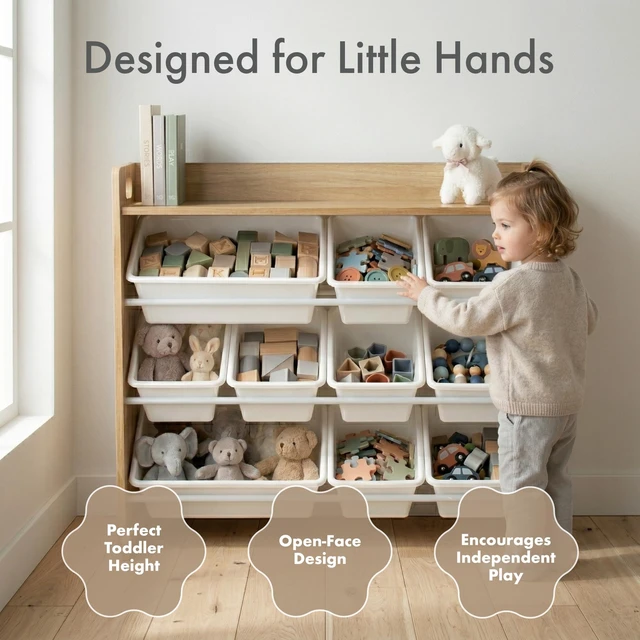 Alt view image 2 of 7 - Kids Toy Organizer with Display Shelf, 9 Bins, 3 Tier Storage | Sturdy wood and steel toddler shelf, removable BPA-free containers, wall anchor anti-tip safety kit for bedroom or classroom