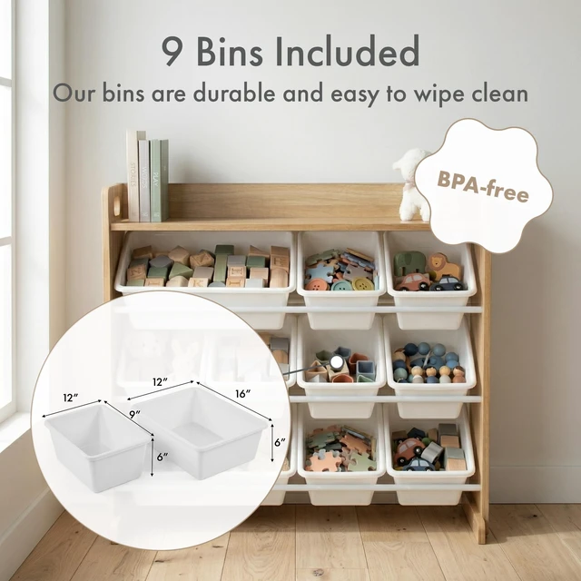 Alt view image 3 of 7 - Kids Toy Organizer with Display Shelf, 9 Bins, 3 Tier Storage | Sturdy wood and steel toddler shelf, removable BPA-free containers, wall anchor anti-tip safety kit for bedroom or classroom