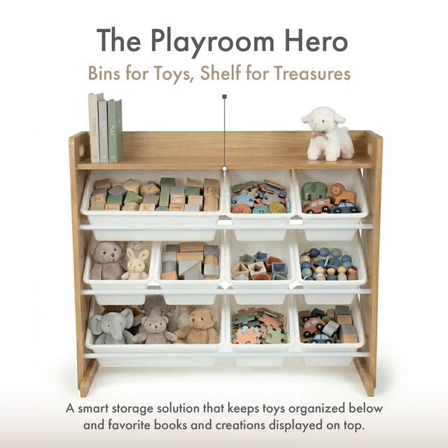 Alt view image 4 of 7 - Kids Toy Organizer with Display Shelf, 9 Bins, 3 Tier Storage | Sturdy wood and steel toddler shelf, removable BPA-free containers, wall anchor anti-tip safety kit for bedroom or classroom