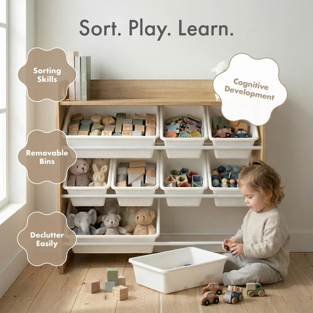 Alt view image 5 of 7 - Kids Toy Organizer with Display Shelf, 9 Bins, 3 Tier Storage | Sturdy wood and steel toddler shelf, removable BPA-free containers, wall anchor anti-tip safety kit for bedroom or classroom