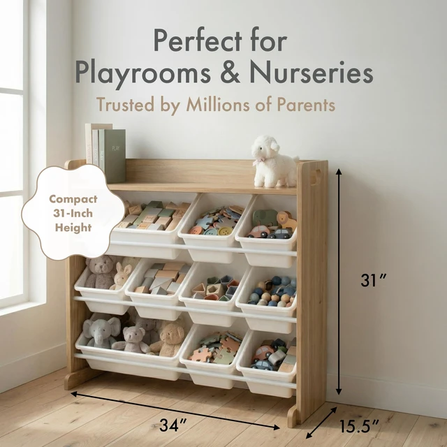 Alt view image 6 of 7 - Kids Toy Organizer with Display Shelf, 9 Bins, 3 Tier Storage | Sturdy wood and steel toddler shelf, removable BPA-free containers, wall anchor anti-tip safety kit for bedroom or classroom