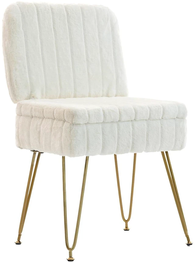 Main image of Vanity Chair with Storage | Comfy Ottoman with Folding Back | Faux Fur Vanity Stool with 4 Metal Legs for Make Up | Furry Padded Seat with Anti-Slip Feet for Bedroom Dressing Room | White