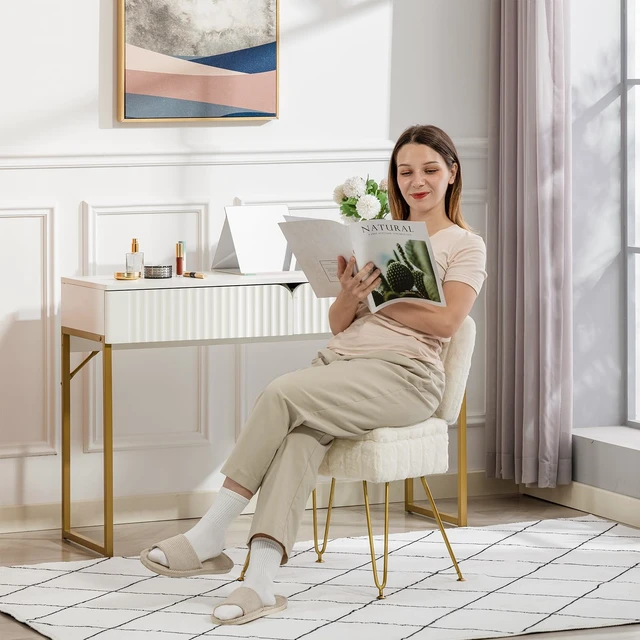 Alt view image 3 of 7 - Vanity Chair with Storage | Comfy Ottoman with Folding Back | Faux Fur Vanity Stool with 4 Metal Legs for Make Up | Furry Padded Seat with Anti-Slip Feet for Bedroom Dressing Room | White
