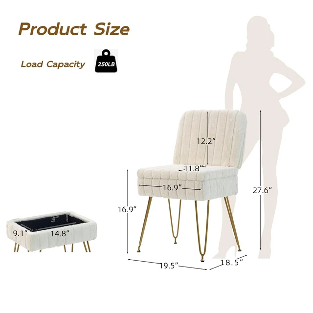 Alt view image 7 of 7 - Vanity Chair with Storage | Comfy Ottoman with Folding Back | Faux Fur Vanity Stool with 4 Metal Legs for Make Up | Furry Padded Seat with Anti-Slip Feet for Bedroom Dressing Room | White