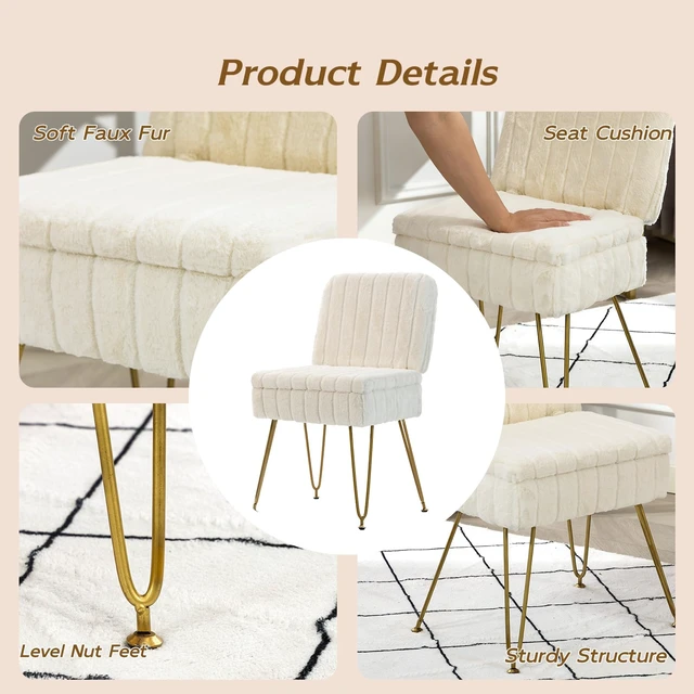 Alt view image 4 of 7 - Vanity Chair with Storage | Comfy Ottoman with Folding Back | Faux Fur Vanity Stool with 4 Metal Legs for Make Up | Furry Padded Seat with Anti-Slip Feet for Bedroom Dressing Room | White