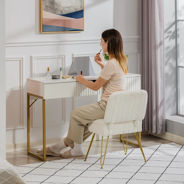 Alt view image 2 of 7 - Vanity Chair with Storage | Comfy Ottoman with Folding Back | Faux Fur Vanity Stool with 4 Metal Legs for Make Up | Furry Padded Seat with Anti-Slip Feet for Bedroom Dressing Room | White