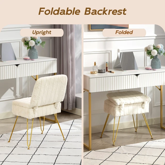 Alt view image 6 of 7 - Vanity Chair with Storage | Comfy Ottoman with Folding Back | Faux Fur Vanity Stool with 4 Metal Legs for Make Up | Furry Padded Seat with Anti-Slip Feet for Bedroom Dressing Room | White
