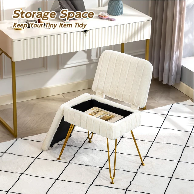 Alt view image 5 of 7 - Vanity Chair with Storage | Comfy Ottoman with Folding Back | Faux Fur Vanity Stool with 4 Metal Legs for Make Up | Furry Padded Seat with Anti-Slip Feet for Bedroom Dressing Room | White
