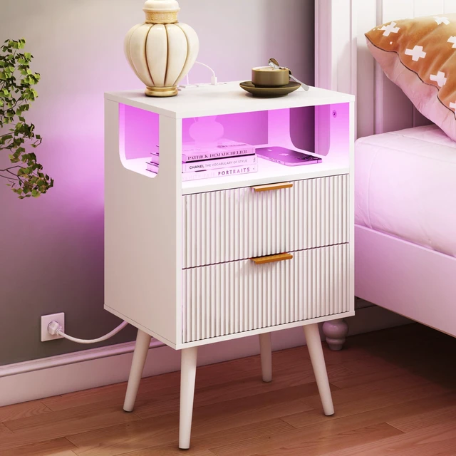 Main image of White Nightstand with Charging Station and LED Lights,Modern Bedside Table with 2 Storage Drawer and Open Wood Shelf, for Bedroom and Small Spaces,Night Stand with Solid Wood Legs,White