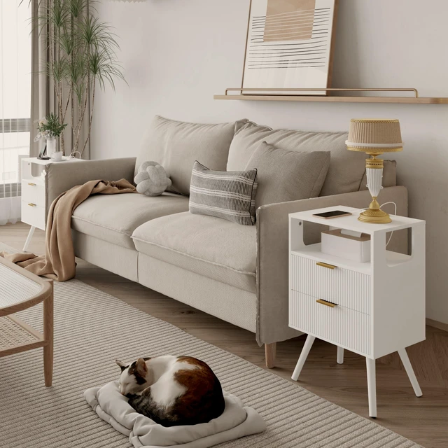 Alt view image 2 of 7 - White Nightstand with Charging Station and LED Lights,Modern Bedside Table with 2 Storage Drawer and Open Wood Shelf, for Bedroom and Small Spaces,Night Stand with Solid Wood Legs,White