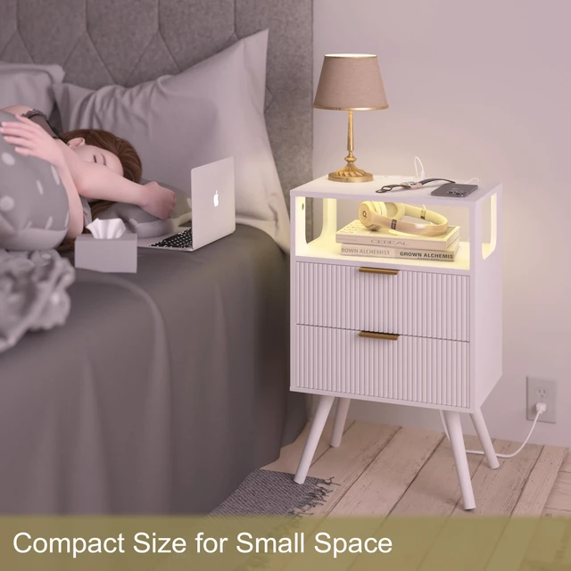 Alt view image 3 of 7 - White Nightstand with Charging Station and LED Lights,Modern Bedside Table with 2 Storage Drawer and Open Wood Shelf, for Bedroom and Small Spaces,Night Stand with Solid Wood Legs,White