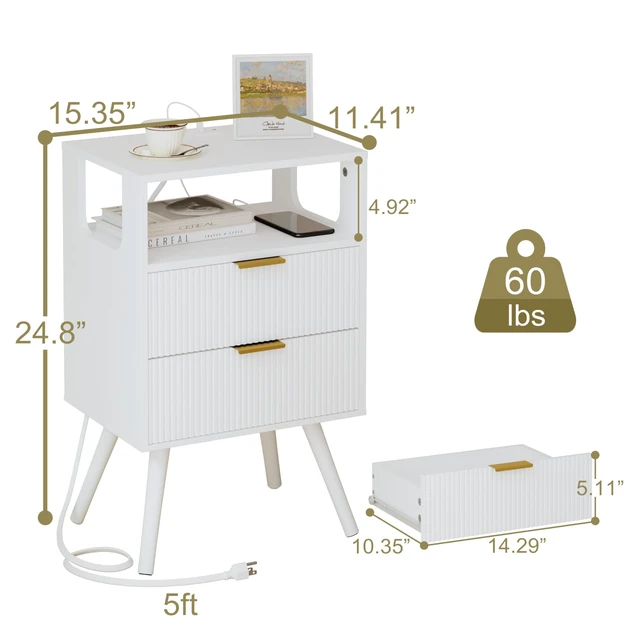 Alt view image 4 of 7 - White Nightstand with Charging Station and LED Lights,Modern Bedside Table with 2 Storage Drawer and Open Wood Shelf, for Bedroom and Small Spaces,Night Stand with Solid Wood Legs,White
