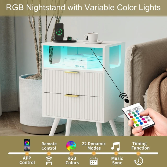 Alt view image 5 of 7 - White Nightstand with Charging Station and LED Lights,Modern Bedside Table with 2 Storage Drawer and Open Wood Shelf, for Bedroom and Small Spaces,Night Stand with Solid Wood Legs,White