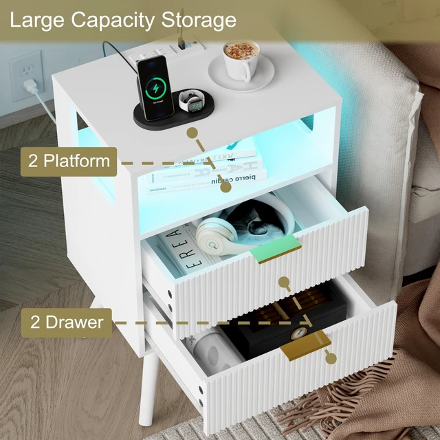 Alt view image 6 of 7 - White Nightstand with Charging Station and LED Lights,Modern Bedside Table with 2 Storage Drawer and Open Wood Shelf, for Bedroom and Small Spaces,Night Stand with Solid Wood Legs,White