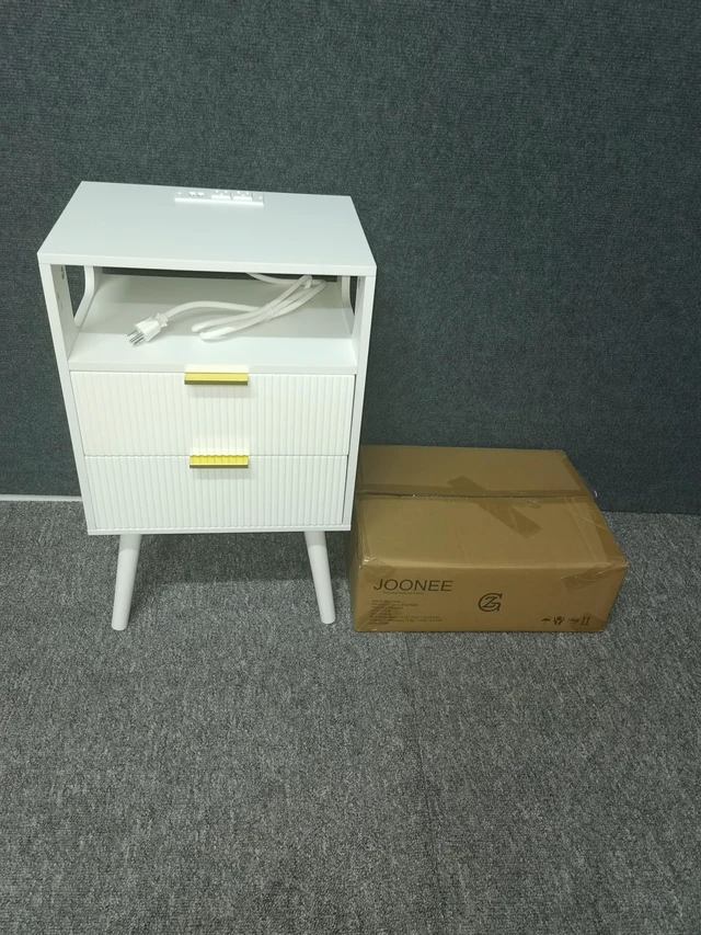 Alt view image 7 of 7 - White Nightstand with Charging Station and LED Lights,Modern Bedside Table with 2 Storage Drawer and Open Wood Shelf, for Bedroom and Small Spaces,Night Stand with Solid Wood Legs,White
