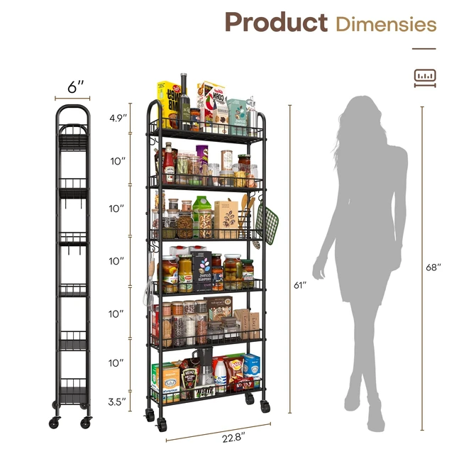 Alt view image 5 of 7 - Slim Rolling Storage Cart with Wheels, Metal 6 Tier Spice Rack Mobile Shelving Unit Organizer Kitchen Utility Cart for Office Bathroom Kitchen Laundry Room Narrow Places (6inches)