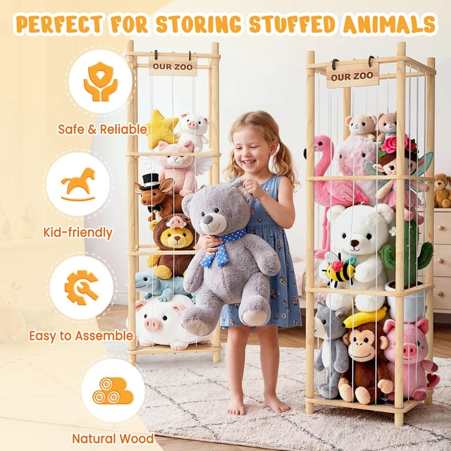 Alt view image 2 of 6 - Stuffed Animal Storage & Organizer, Wooden Cute Zoo Toy Holder for Toddler Rooms, Playrooms & Bedrooms(2pcs)