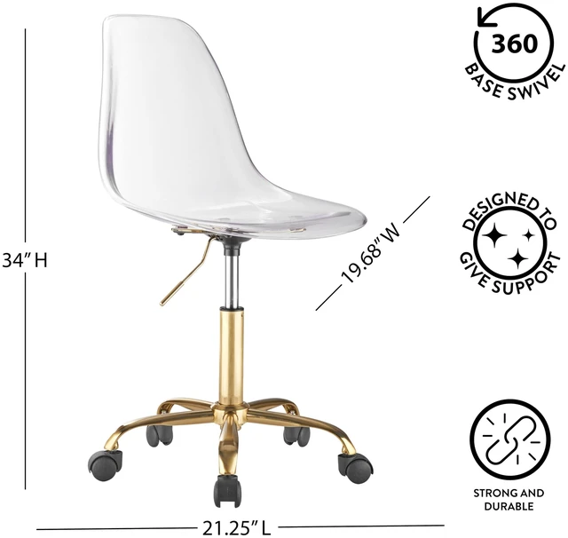 Alt view image 2 of 6 - Clear Acrylic Rolling Office Desk Chair,Modern Ergonomic Swivel Task Chair with Gold Legs & Casters