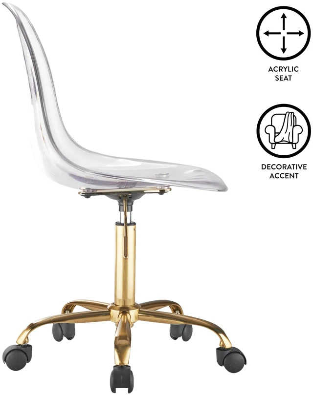 Alt view image 4 of 6 - Clear Acrylic Rolling Office Desk Chair,Modern Ergonomic Swivel Task Chair with Gold Legs & Casters