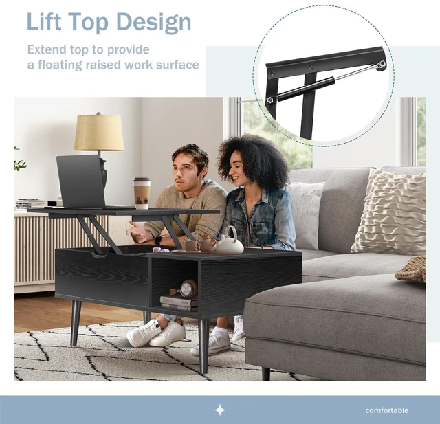 Alt view image 5 of 7 - Coffee Table, Wood Lift Top Coffee Table for Living Room Home | Wood,Lift Top, Hidden Compartment, Storage Shelf, Center Table, Home, Living Room, Office, Black