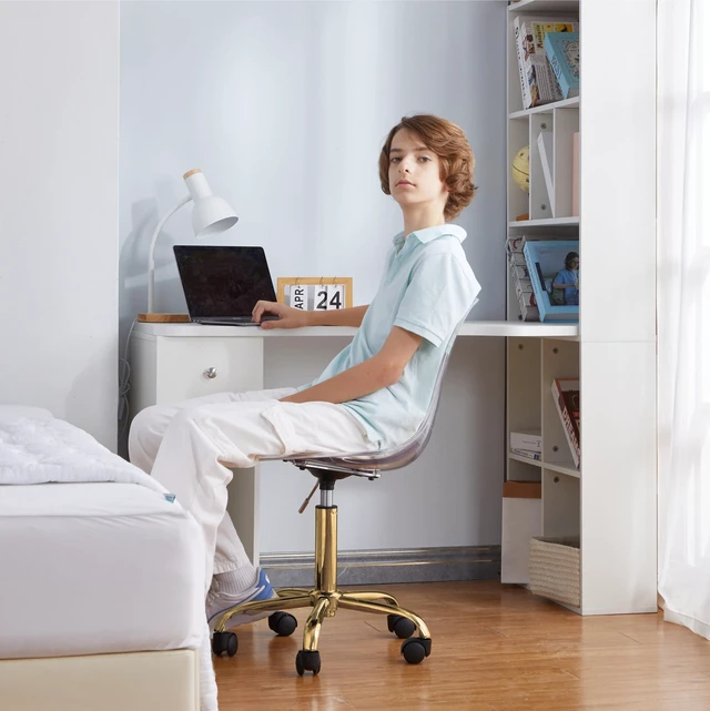 Alt view image 6 of 6 - Clear Acrylic Rolling Office Desk Chair,Modern Ergonomic Swivel Task Chair with Gold Legs & Casters