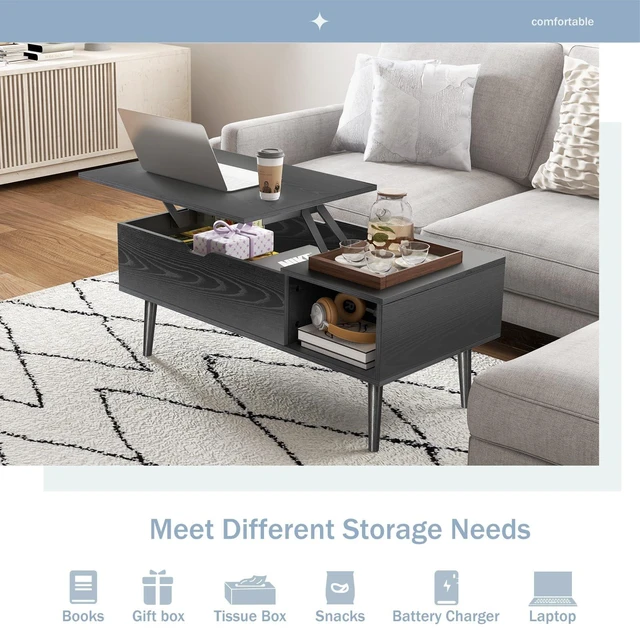 Alt view image 4 of 7 - Coffee Table, Wood Lift Top Coffee Table for Living Room Home | Wood,Lift Top, Hidden Compartment, Storage Shelf, Center Table, Home, Living Room, Office, Black