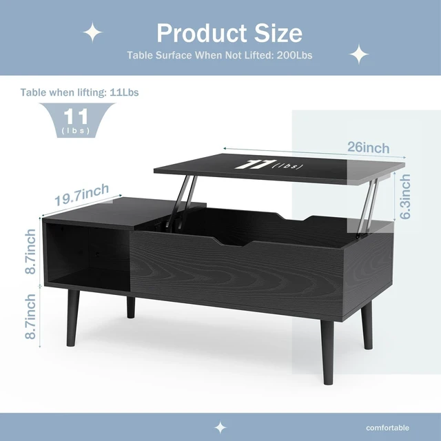 Alt view image 7 of 7 - Coffee Table, Wood Lift Top Coffee Table for Living Room Home | Wood,Lift Top, Hidden Compartment, Storage Shelf, Center Table, Home, Living Room, Office, Black