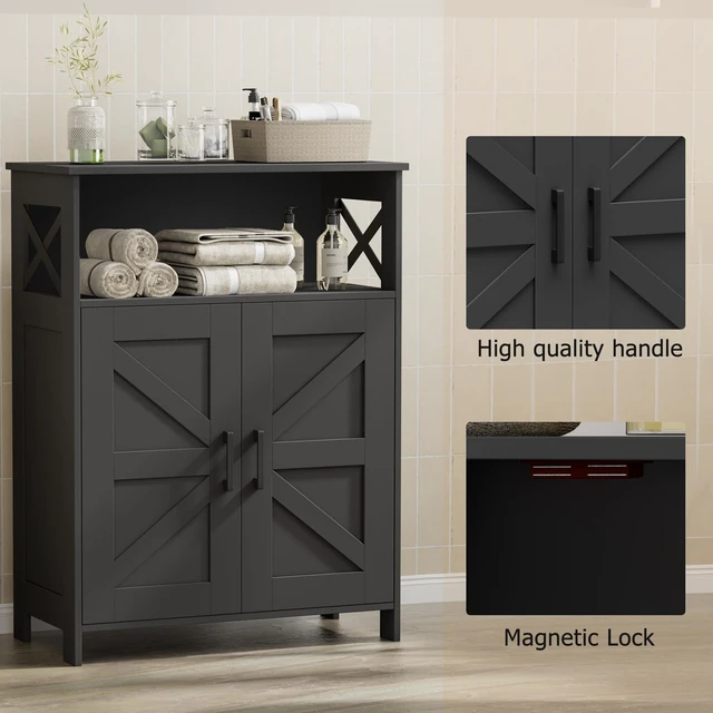 Alt view image 5 of 7 - Farmhouse Bathroom Storage Cabinet with Doors, Small Floor Cabinet | Toilet Paper Cabinet with Adjustable Shelf, Freestanding Storage Cabinet for Kitchen/Laundry/Living Room, 24"W, Black