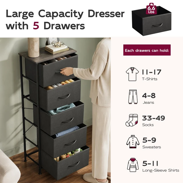 Alt view image 5 of 7 - Tall Dresser for Bedroom, 5 Drawer Dresser, Charcoal Black | 5 vertical fabric drawers, Tall vertical design, Bedroom or closet use, Dresser for small spaces, Chest of drawers