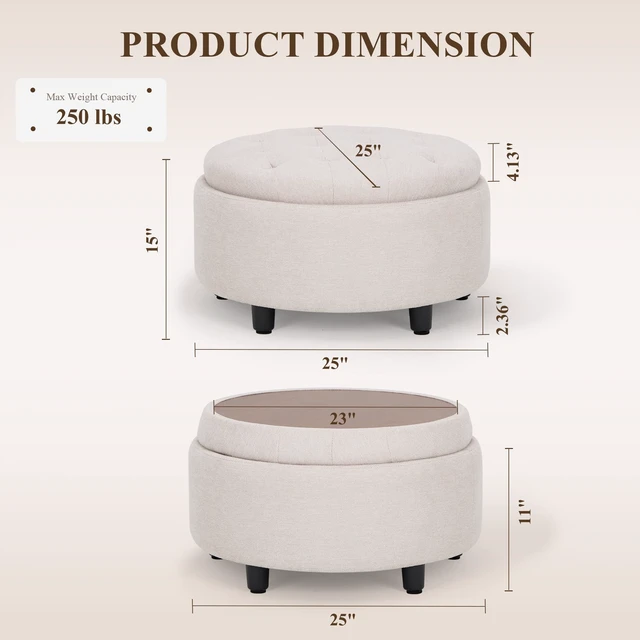 Alt view image 2 of 7 - Fabric Round Storage Ottoman with Reversible Tray Lid Multi-Functional Footrest, Hidden Storage, Sturdy & Stylish Small Coffee Table for Living Room, Bedroom, or Entryway(Beige)