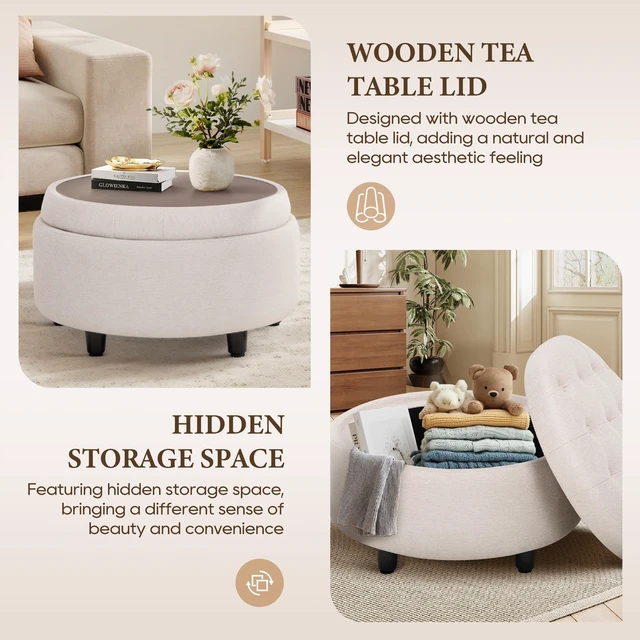 Alt view image 3 of 7 - Fabric Round Storage Ottoman with Reversible Tray Lid Multi-Functional Footrest, Hidden Storage, Sturdy & Stylish Small Coffee Table for Living Room, Bedroom, or Entryway(Beige)