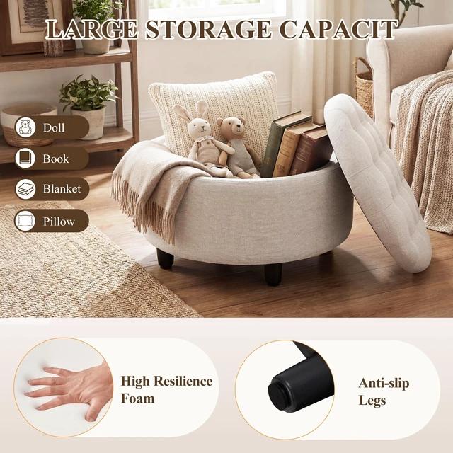Alt view image 4 of 7 - Fabric Round Storage Ottoman with Reversible Tray Lid Multi-Functional Footrest, Hidden Storage, Sturdy & Stylish Small Coffee Table for Living Room, Bedroom, or Entryway(Beige)