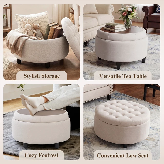 Alt view image 6 of 7 - Fabric Round Storage Ottoman with Reversible Tray Lid Multi-Functional Footrest, Hidden Storage, Sturdy & Stylish Small Coffee Table for Living Room, Bedroom, or Entryway(Beige)