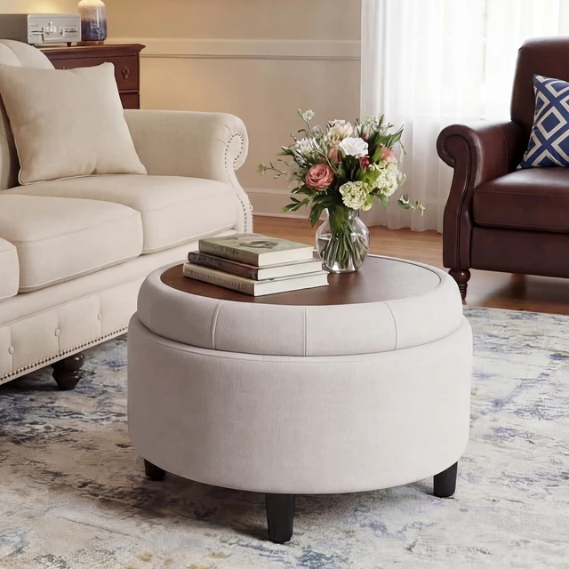 Alt view image 7 of 7 - Fabric Round Storage Ottoman with Reversible Tray Lid Multi-Functional Footrest, Hidden Storage, Sturdy & Stylish Small Coffee Table for Living Room, Bedroom, or Entryway(Beige)