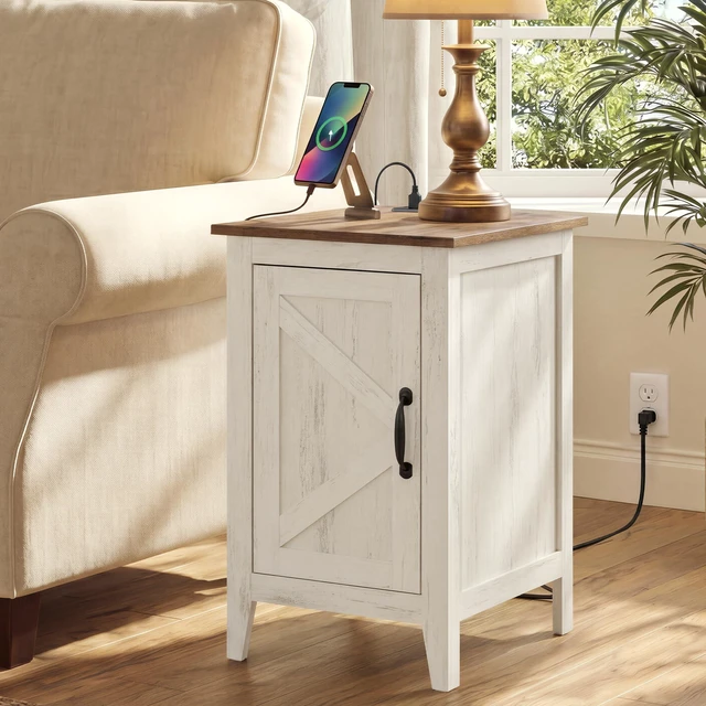 Main image of Side Table with Charging Station and Storage Cabinet, Nightstand | Farmhouse Narrow End Bedside Table for Living Room Bedroom Office, Rustic White and Honey Brown, LIRY Collection ULET131W101S