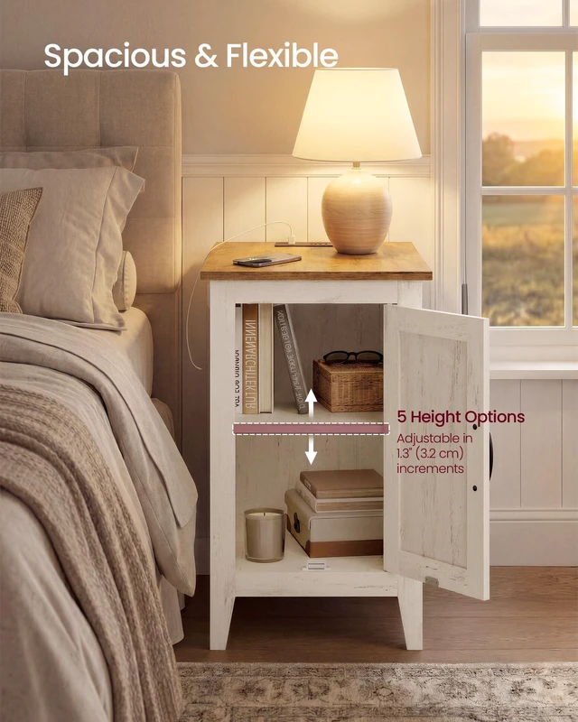 Alt view image 4 of 6 - Side Table with Charging Station and Storage Cabinet, Nightstand | Farmhouse Narrow End Bedside Table for Living Room Bedroom Office, Rustic White and Honey Brown, LIRY Collection ULET131W101S